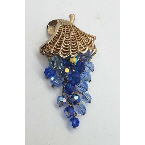 Vintage Brooch Hanging Blue Faceted Glass Beads 10k Gold Plate In Basket RARE